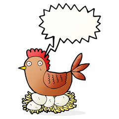 cartoon hen on eggs with speech bubble