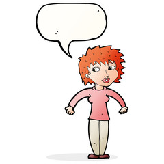 cartoon woman shrugging shoulders with speech bubble