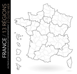 Carte de France muette / 13 régions et outre-mer avec départements (un tracé autonome par zone)