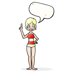 cartoon woman in striped swimsuit with speech bubble