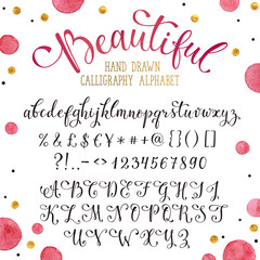 Elegant calligraphy letters with florishes. Handwritten alphabet with watercolor spots on background. Uppercase, lowercase letters, numbers and symbols. Hand drawn modern script.
