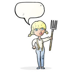 cartoon farmer girl with speech bubble