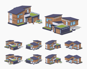 Contemporary american house. 3D lowpoly isometric vector illustration. The set of objects isolated against the white background and shown from different sides