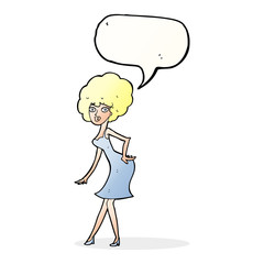 cartoon woman posing in dress with speech bubble