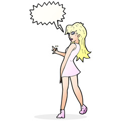 cartoon woman posing in dress with speech bubble