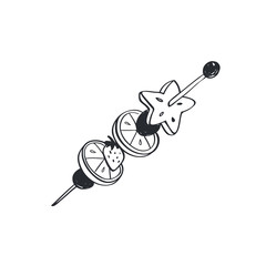 Canape from fruits and berries in doodle style isolated. Fruits snack hand drawn black on white background.