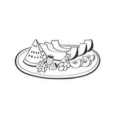 Plate of fruits and berries in doodle style isolated. Fruits tray hand drawn black on white background.