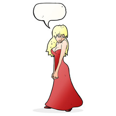 cartoon pretty woman in dress with speech bubble