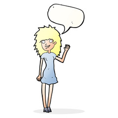 cartoon happy woman waving with speech bubble