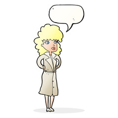 cartoon woman in trench coat with speech bubble