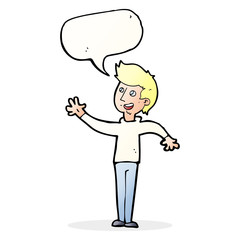 cartoon man waving with speech bubble
