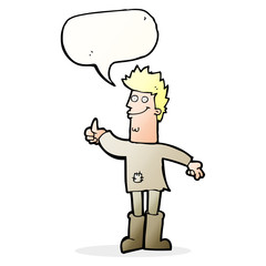 cartoon positive thinking man in rags with speech bubble