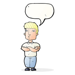 cartoon man with crossed arms with speech bubble