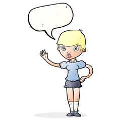cartoon woman waving with speech bubble