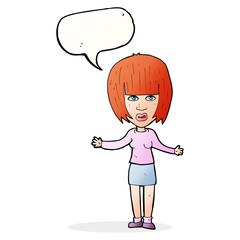 cartoon woman shrugging shoulders with speech bubble