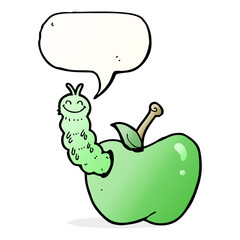 cartoon bug eating apple with speech bubble