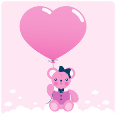 Cute teddy bear in the sky holding a pink heart shaped balloon. Vector illustration