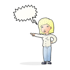 cartoon woman pointing with speech bubble