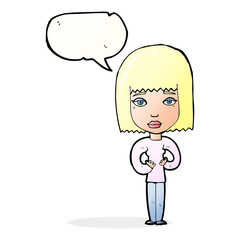 cartoon woman indicating self with speech bubble