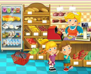 The shop scene with different goods and a clerk - happy illustration for children