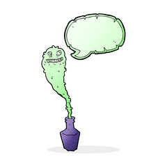 cartoon spooky ghost in bottle with speech bubble