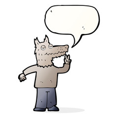 cartoon happy wolf man with speech bubble