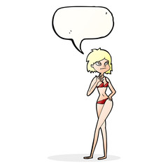cartoon woman in bikini with speech bubble