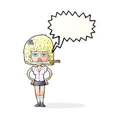 cartoon woman with knife between teeth with speech bubble
