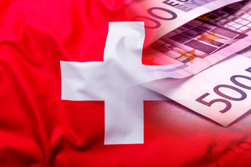 Flags of the Switzerland and the European Union. Switzerland Flag and EU Flag. World flag money concept
