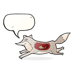 cartoon wolf with mouse in belly with speech bubble