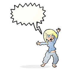 cartoon frightened woman with speech bubble