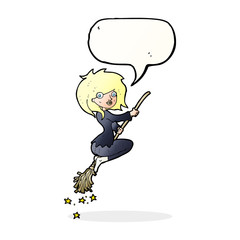 cartoon witch riding broomstick with speech bubble