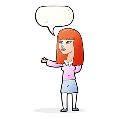 cartoon woman gesturing to show something with speech bubble