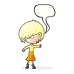 cartoon woman raising eyebrow with speech bubble