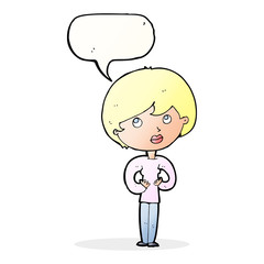 cartoon woman making Who Me? gesture with speech bubble