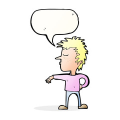 cartoon man making camp gesture with speech bubble