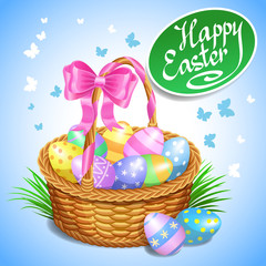 Easter basket with color painted easter eggs. Easter eggs