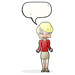 cartoon happy woman shrugging shoulders with speech bubble