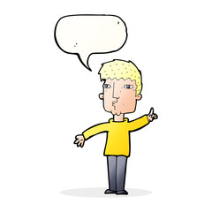 cartoon man raising point with speech bubble
