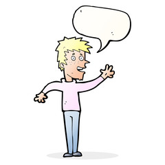 cartoon happy boy waving with speech bubble