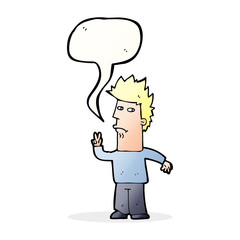 cartoon man giving peace sign with speech bubble
