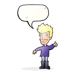 cartoon worried man giving thumbs up symbol with speech bubble