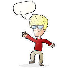 cartoon waving cool guy with speech bubble