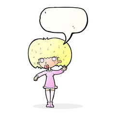 cartoon waving girl with speech bubble