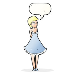 cartoon pretty woman in dress with speech bubble