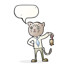 cartoon business cat with dead mouse with speech bubble