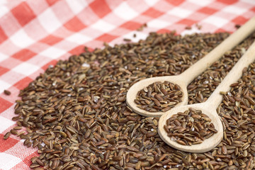 Studio photo of brown rice in wooden spoons