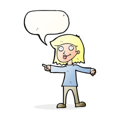 cartoon happy woman pointing with speech bubble