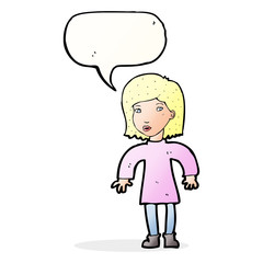 cartoon cautious woman with speech bubble