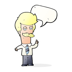 cartoon mna with mustache explaining with speech bubble